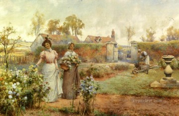 菊を摘む貴婦人とメイドの風景 アルフレッド・グレンデニング Oil Paintings